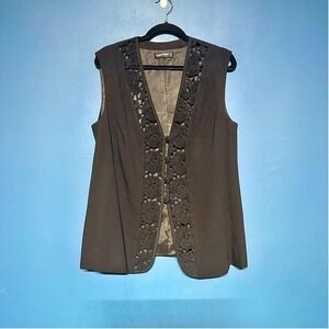 Vintage Embroidered Vest Women's Size 14 Louis Feraud Black Waistcoat Flower
